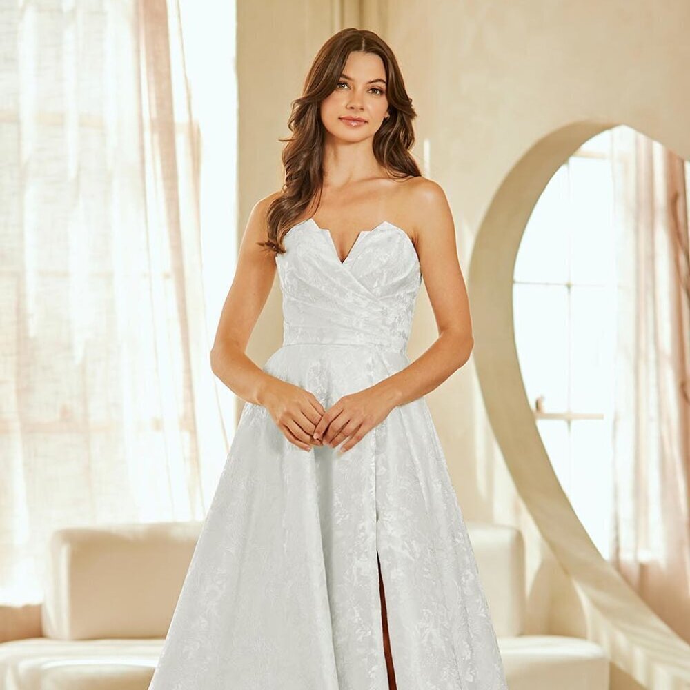New Off White Wedding A-Line Long Dress w/ Lace Up Back & Leg Slit AC 8061